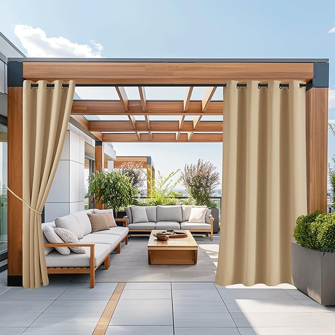 NICETOWN Outdoor Curtains for Patio Waterproof 84 inches Long 2 Panels Set, Weatherproof Thermal Insulated Privacy Protection Curtains for Porch/Gazebo/Hallway, Biscotti Beige, W52 x L84 Inch
