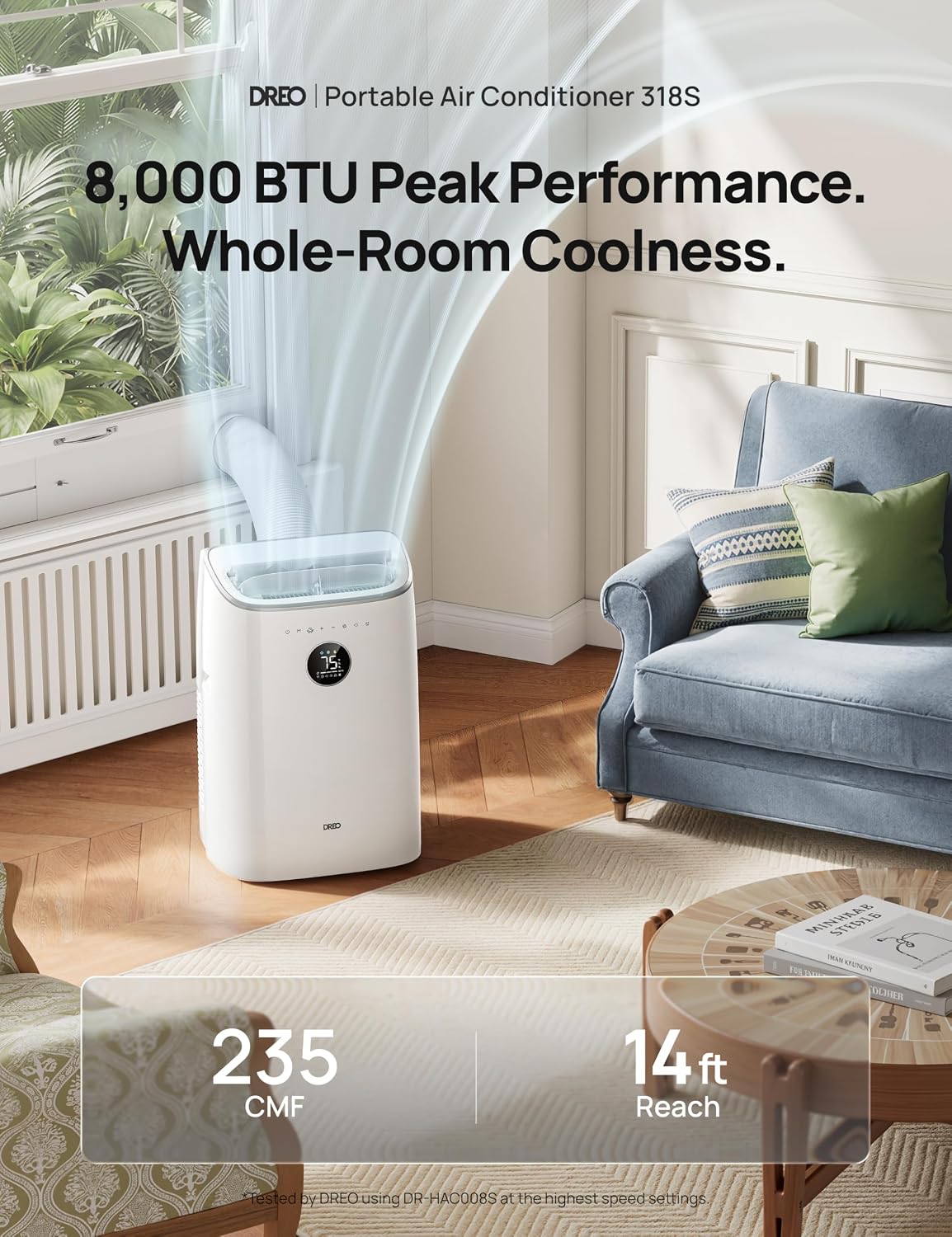 dreo portable air conditioner 318s, 8000 btu ashrae shown in use