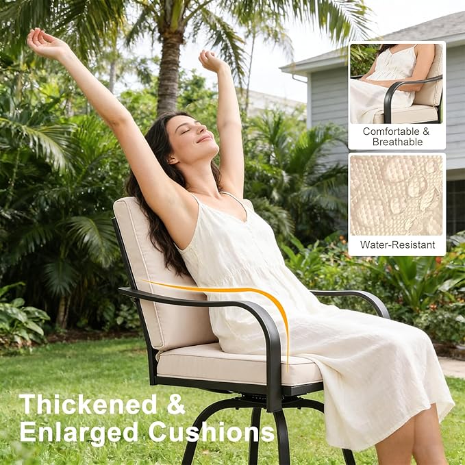 Patio Swivel Bar Stools Set of 4, Outdoor Bar Height Swivel Chairs with Cushions for Garden Balcony Backyard, Beige