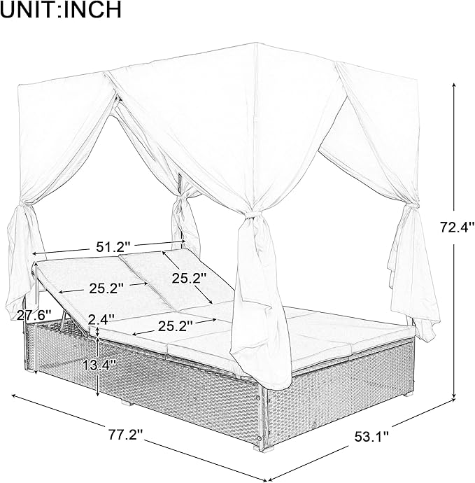 Patio Chaise Lounge, PE Rattan Outdoor Patio Wicker Sunbed Daybed with Adjustable Seats, Four-sided Canopy, Overhead Curtain and Beige Cushions for Backyard, Garden, Poolside (for 2-6 people)