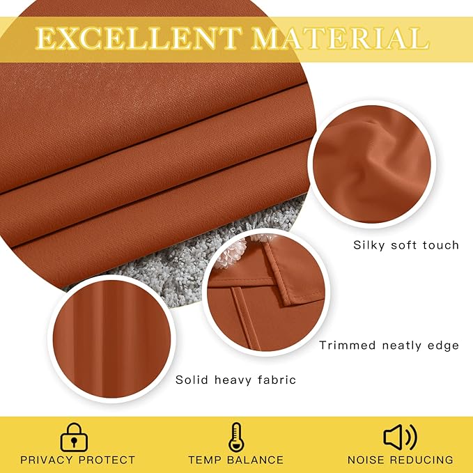 NICETOWN Blackout Bedroom Curtain 72 inches Long - Grommet Sound Reducing Window Treatment Privacy Drape Room Darkening Light Blocking for Living Room (Burnt Orange, 1 Panel, W52 x L72)