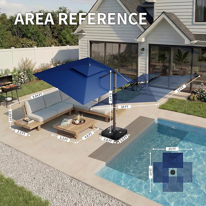 10 X 13 FT Cantilever Patio Umbrella with Led Lights and Base Included Outdoor Heavy Duty Double Top Rectangle Offset Umbrellas with 360-degree Rotation for Pool Deck Backyard, Navy