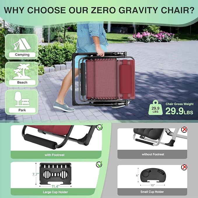 Suteck Oversized Zero Gravity Chair, 29In XL Outdoor Recliner Chair w/Removable Cushion&Headrest, Camping Lounge Chair w/Upgraded Lock&Footrest, Reclining Patio Chairs for Indoor Outdoor,500LBS