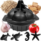 Small Cast Iron Garlic Roaster with 4 Iron Fish, Pre-Seasoned Smoker Roaster, Garlic Cooker, Garlic Roasting Pot, Mini Cocotte Garlic Potato Baker, Wood Chip Smoker Box for BBQ Meats Vegetables