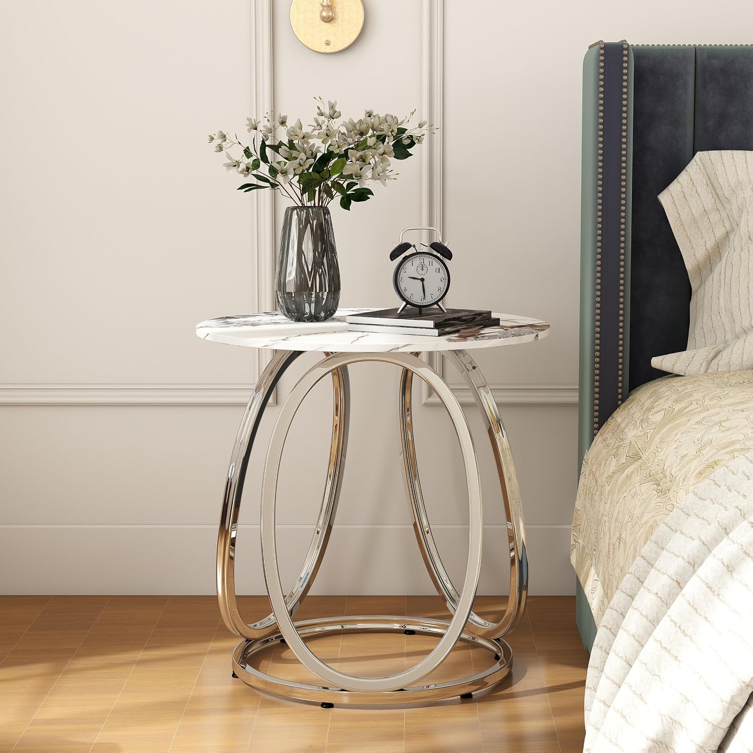 O&K FURNITURE Silver Side Table Living Room, Round End Table with Metal Frame, Modern Nightstand for Small Spaces, Bedroom, Home Office, 1PC