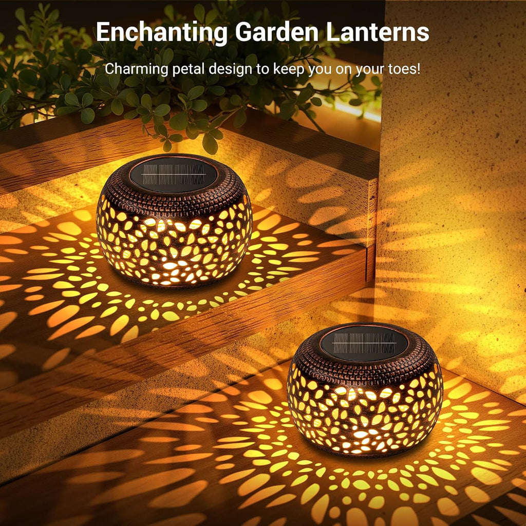 Solar Lanterns Outdoor Waterproof: 2 Pack Hollowed-Out Retro Metal Lantern Lights - Solar Lantern Decorative - Gifts for Women Mother's Day, Outside Garden Yard Patio & Indoor Tabletop Decor