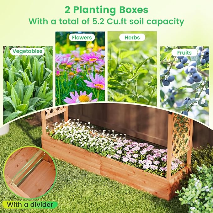 Giantex Set of 2 Raised Garden Bed with Trellis & Hanging Roof, Wood Planter Box with Bottom and Drainage Holes, Freestanding Garden Planter for Flower Vegetable Fruit Herb Climbing Vines, 77"x17"x72"