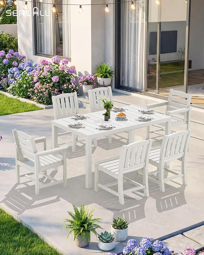 SERWALL 9-Piece Outdoor Dining Set, 60" - 83" Expandable Outdoor Dining Table and 8 HDPE Chairs, All Weather HDPE Outdoor Furniture Set for Backyard, Garden, White