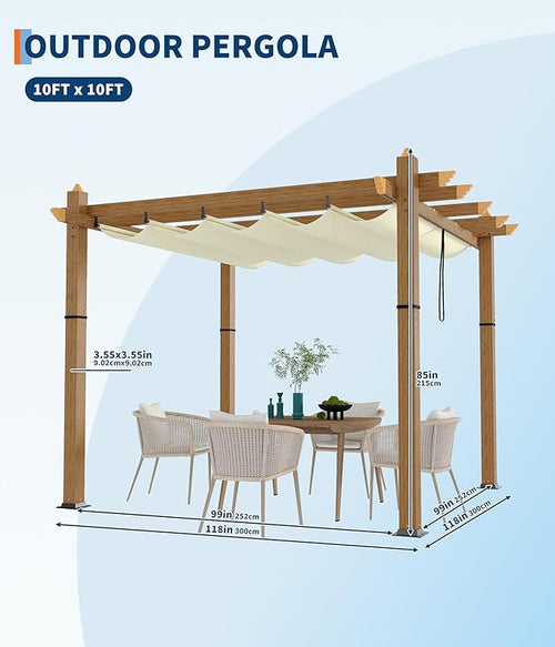 10 x 10 ft Aluminum Pergola with Adjustable Canopy, Outdoor Metal Pergola, Imitation Wood-Grain Sun Shade Shelter for Garden Patio Backyard Deck