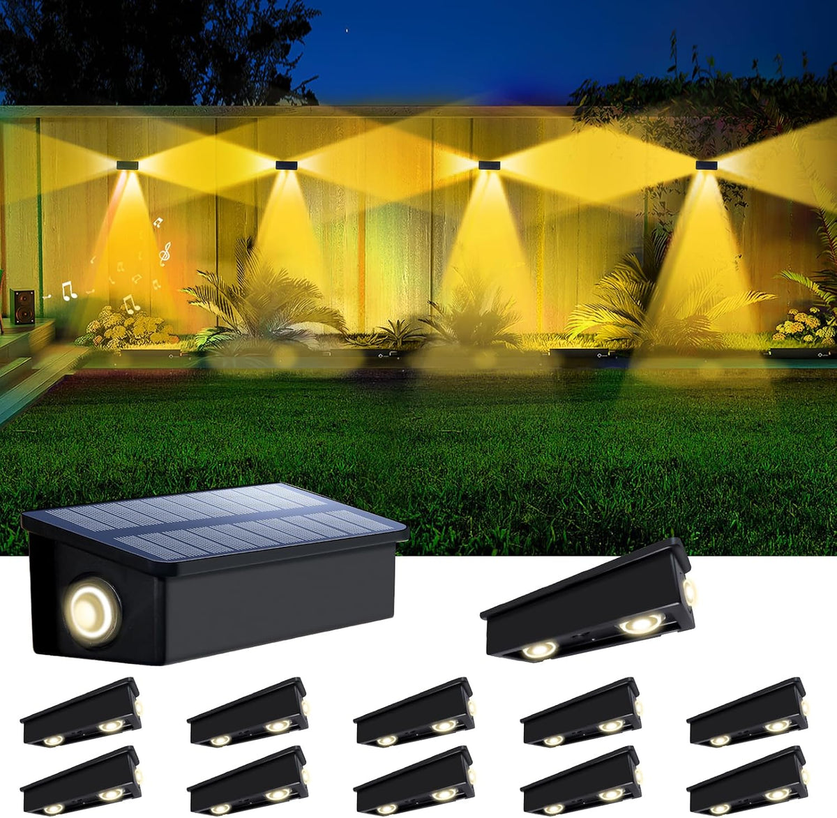 3-sided solar fence lights outdoor with warm white, main product view