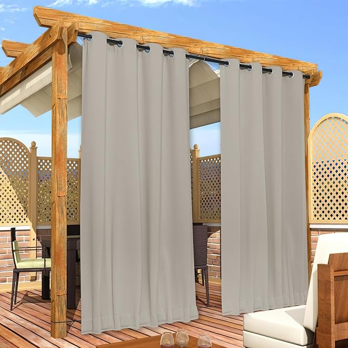 NICETOWN 2 Panels Gazebo Curtains Outdoor Waterproof & Windproof, Top & Bottom Grommet with Back Tab Wind-Break Outdoor Drapes Blackout Blinds with Fixed Rope for Patio, Natural, W52 x L95