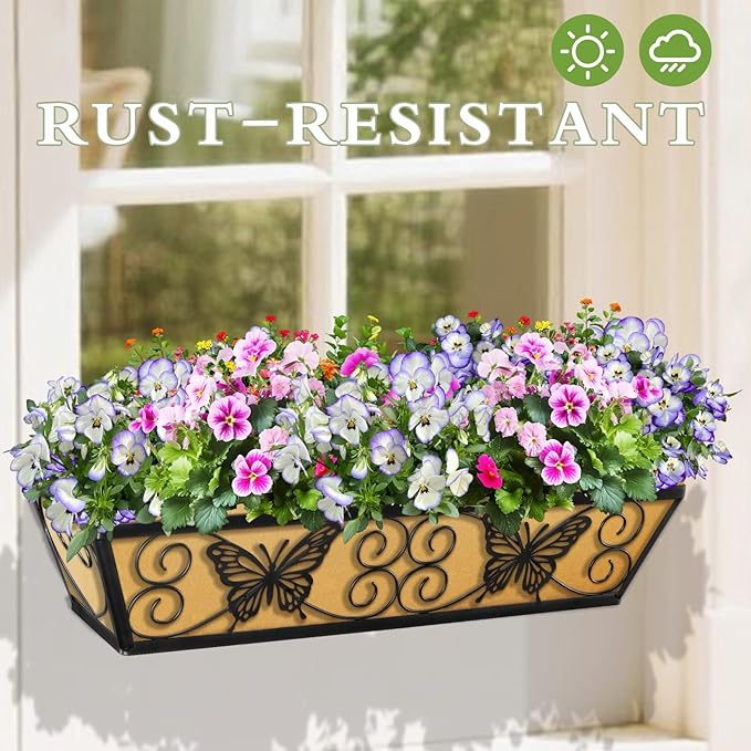 6 Pack 24 Inch Window Boxes Planters Railing Planter Box with Adjustable Brackets for Porch Fence Patio Balcony Hanging Flower Baskets with Woven Fabric for Outdoor Garden Decor - Black