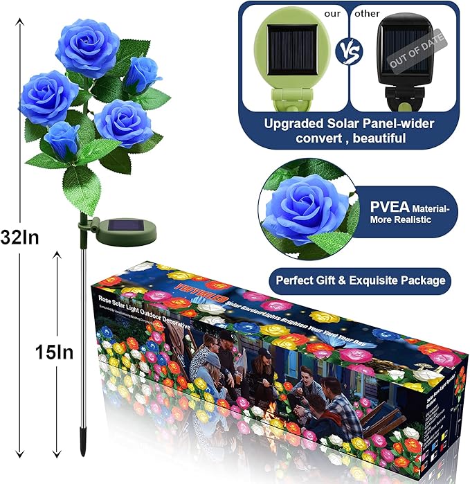Solar Flower Lights Outdoor - Upgraded New Material Two Modes Realistic LED Solar Powered Waterproof Lights with 5 Roses, Solar Decorative Stake Lights for Garden (Blue, 1 Pack)