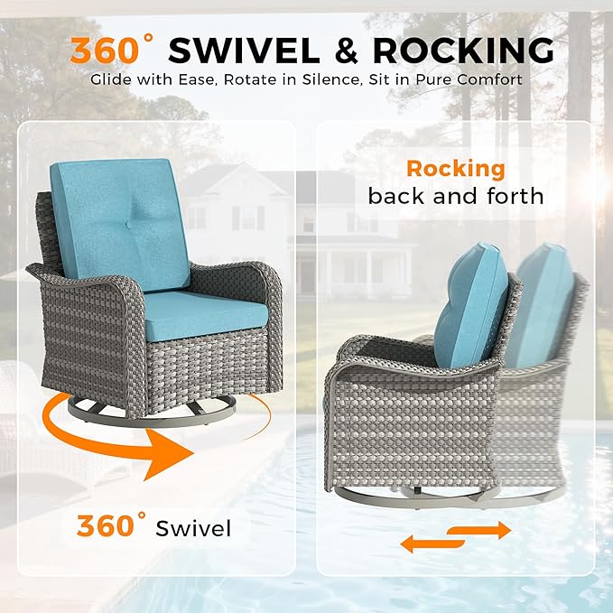 14-Seat Modern Patio Furniture Set with Swivel Rocking Chairs, Thick 4″ Cushions, Dual-Strand Wicker Rattan, Rust-Resistant Steel Frame – Outdoor Conversation & Modular Sectional,Blue