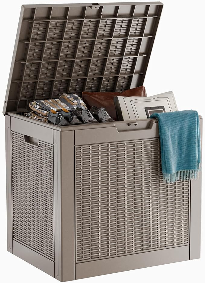 31 Gallon Outdoor Deck Box, Lockable Waterproof Outdoor Storage Boxes For Garden Tools,Indoor Cushions,Accessories Outside Storage Resin Weatherproof Container(Grey)