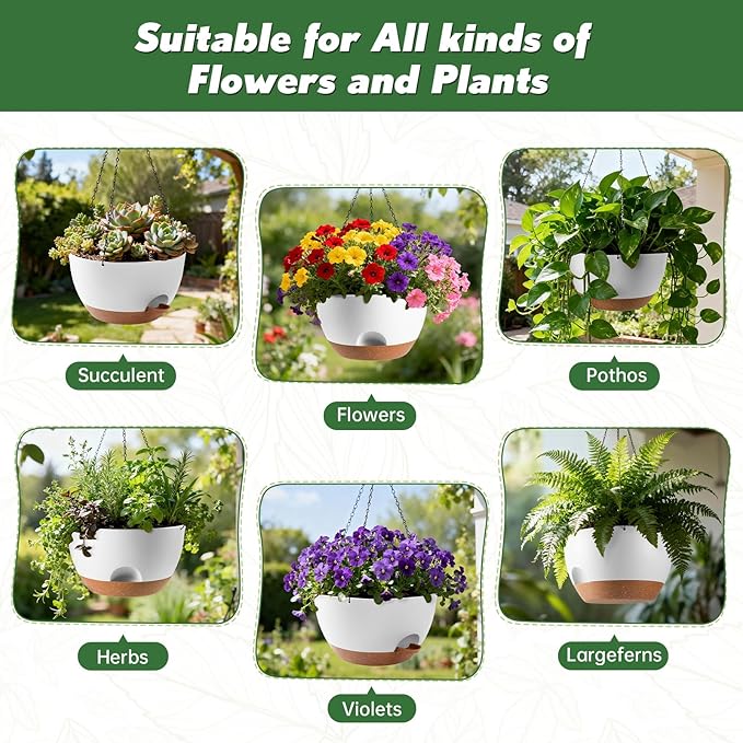 3-Piece Set of 10-Inch Hanging Planters with Automatic Watering System and Drip Tray, Includes Metal Chain, Suitable for Various Indoor and Outdoor Plants and Flowers, White-Brown
