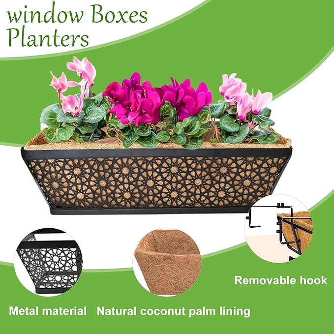 2 Pack 30" Railing Planter Window Box Deck Balcony Rail Planters Black Metal Flower Basket Horse Trough Planter with Coco Fiber Liner for Porch Fence Patio Outdoor