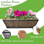 2 Pack 30" Railing Planter Window Box Deck Balcony Rail Planters Black Metal Flower Basket Horse Trough Planter with Coco Fiber Liner for Porch Fence Patio Outdoor