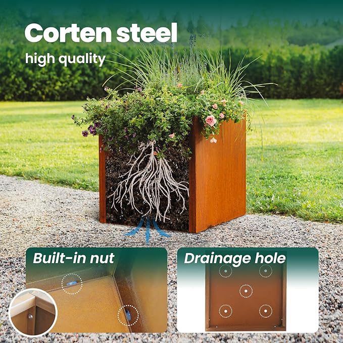 Corten Steel Planter Box Large Outdoor Planter 24 Inch Square Cube Planters Rustic Metal Garden Flower Pot for Commercial Residential Patio and Yard