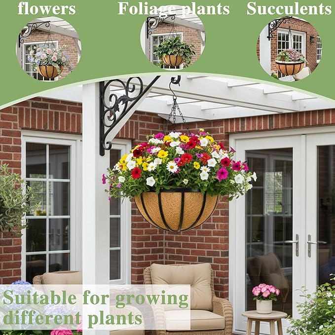 Black Flat Iron Metal Hanging Planter Basket with Coco Coir Liner(2 Pack, 12 Inch) Hanging Planters for Outdoor Plants Round Plant Flower Pots Hanging Flower Basket for Outdoor Patio Garden Decoration