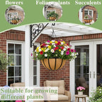 Black Flat Iron Metal Hanging Planter Basket with Coco Coir Liner(2 Pack, 12 Inch) Hanging Planters for Outdoor Plants Round Plant Flower Pots Hanging Flower Basket for Outdoor Patio Garden Decoration