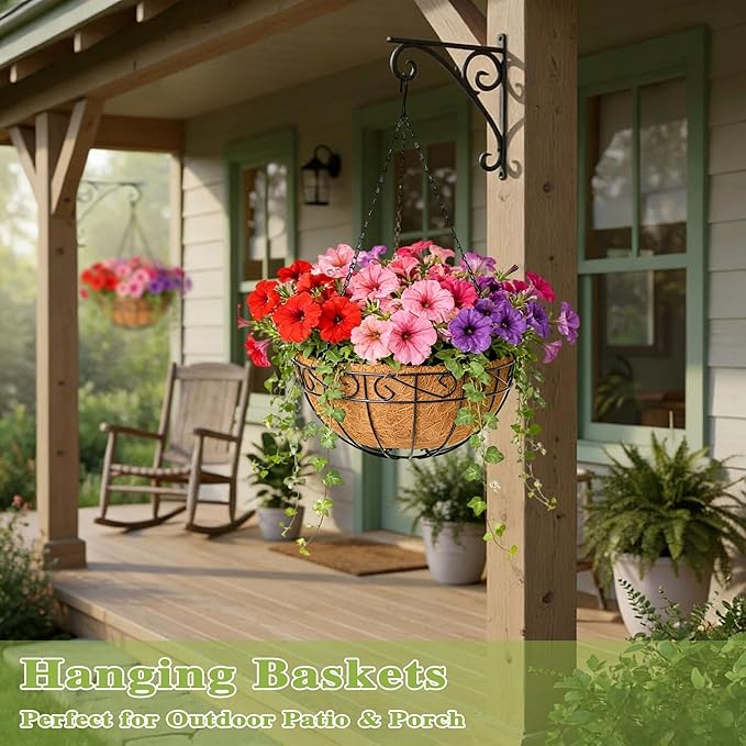 4 Pack 12 Inch Hanging Baskets for Plants Outdoor Metal Hanging Planter Hanging Flower Baskets with Coco Fiber Liners Chain Round Wire Plant Holder Flower Pots(Plaid)