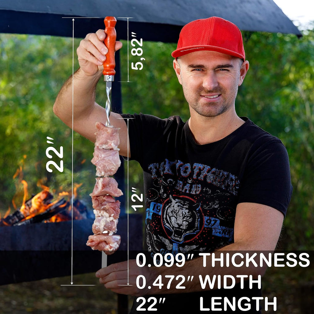 Premium BBQ Skewers with Wooden Handles 22" Shish Kabob Skewers Stainless Steel Long & Reusable Kabob Sticks Barbecue Skewers for Grilling Set of 10 Piece