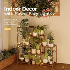 Bamworld Plant Stand Indoor with Flower Fairy Lights Battery Plant Shelf Wood Plant Rack for Multiple Plants 3 Tiers Ladder Plant Holder for 7 Pots for Living Room Home Decor for Gardening Gifts