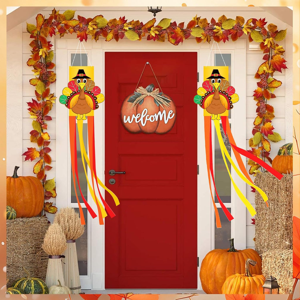 40 Inches Thanksgiving Turkey Windsock Decoration, Hanging Outdoor Fall Decor with Pilgrim Hat and Colorful Streamers, Festive Harvest-Themed Wind Sock Ornament for Garden, Patio, and Yard