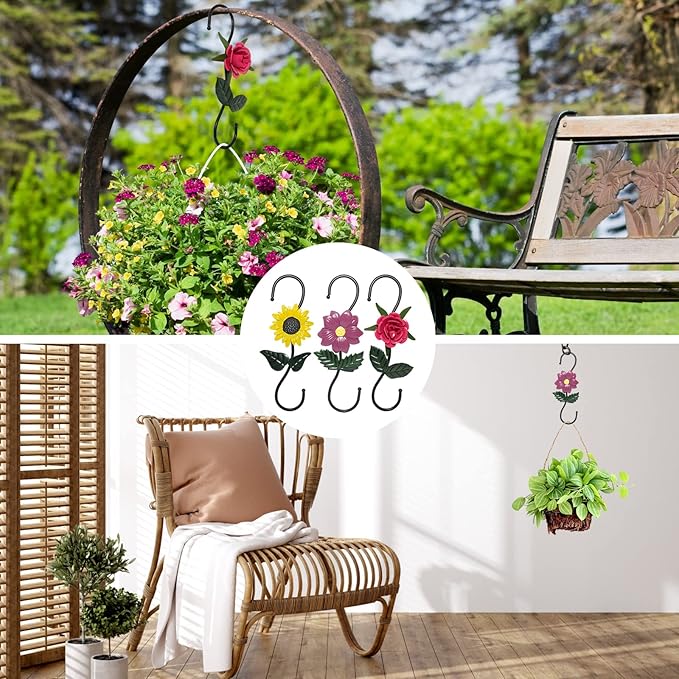 S Hooks for Hanging Plants, Set of 3 Black Metal Plant Hangers, Beautiful and Vivid Plant Hook for Garden Planters, Flower Baskets, Pots, Bird Feeders Outdoor Indoor