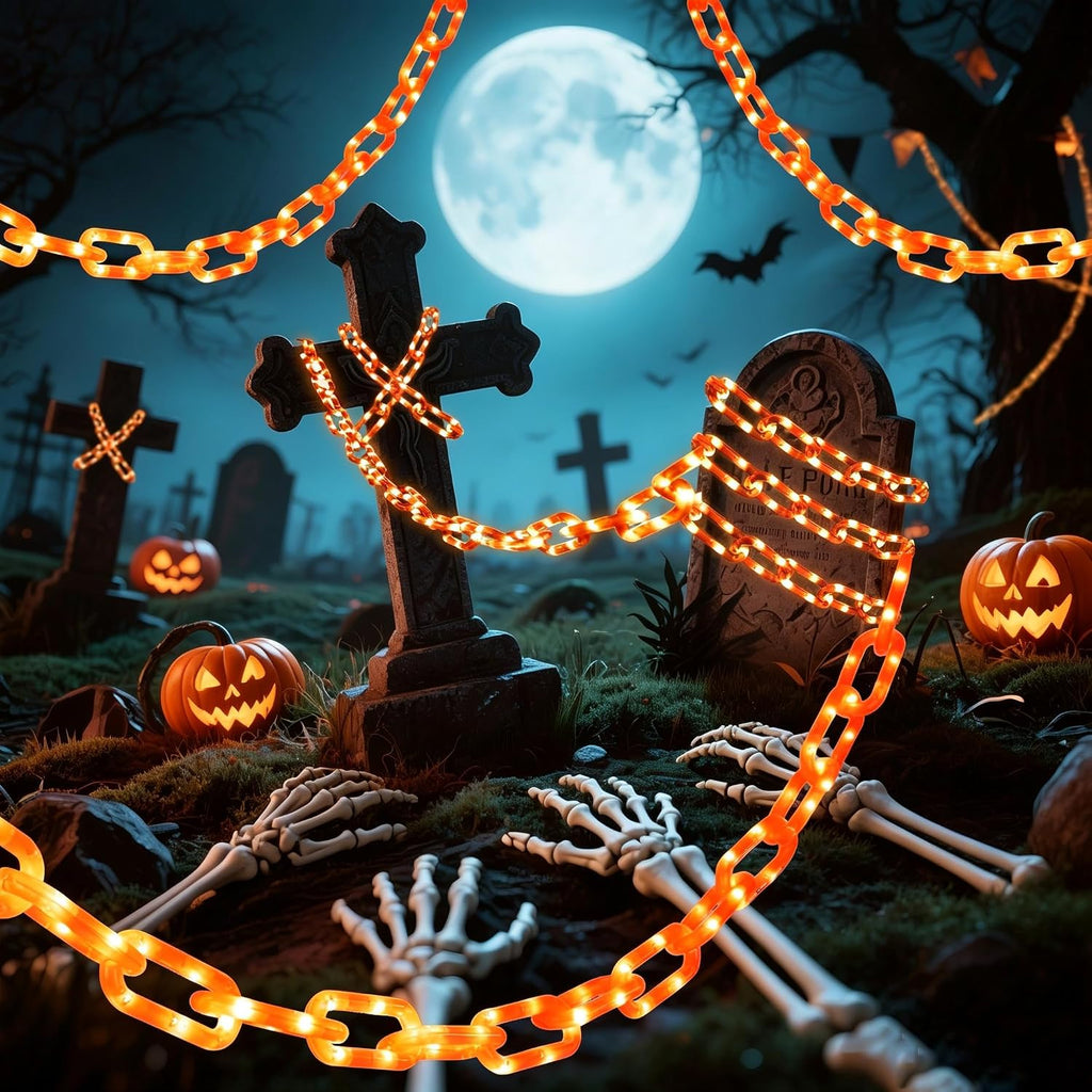 Solar Halloween Chain Lights, 10.4 FT 175 LED Orange Plastic Chain | String Lights with Remote, Waterproof Outdoor Spooky Glowing Halloween Decorations for Yard, Graveyard, Haunted House, Party