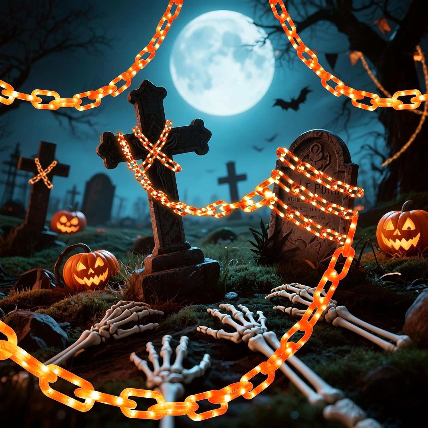 Solar Halloween Chain Lights, 10.4 FT 175 LED Orange Plastic Chain | String Lights with Remote, Waterproof Outdoor Spooky Glowing Halloween Decorations for Yard, Graveyard, Haunted House, Party
