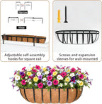 36'' Window Box Railing Planter with Coco Liner,4 Pack Horse Trough Planters Black Metal Hanging Flower Planters Basket for Porch Fence Patio Indoor Outdoor Lawn