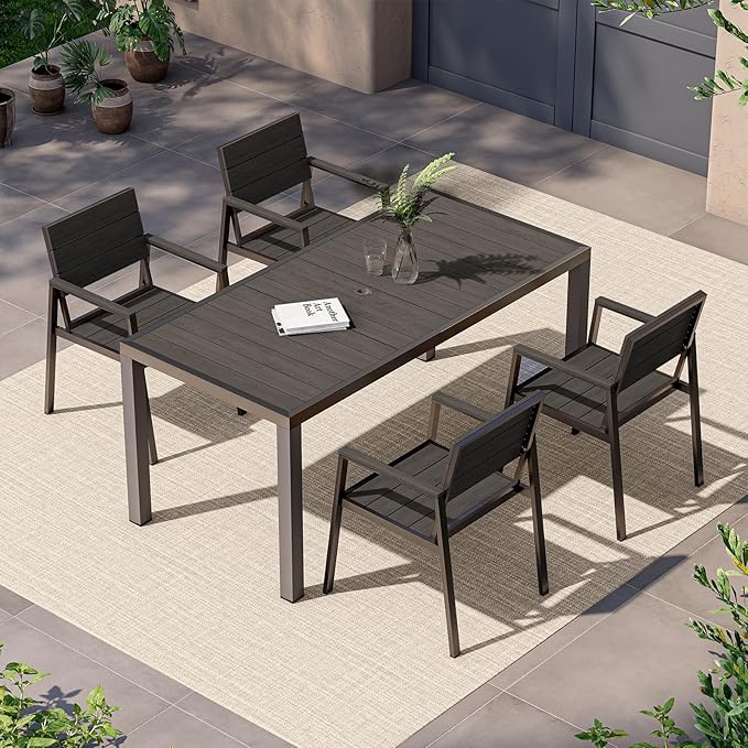 5-Piece Outdoor Dining Set, Aluminum Dining Table Set for 4, Patio Table and Chairs Set with Umbrella Hole, All Weather HDPS Outdoor Table and Chairs for 4 (Charcoal)