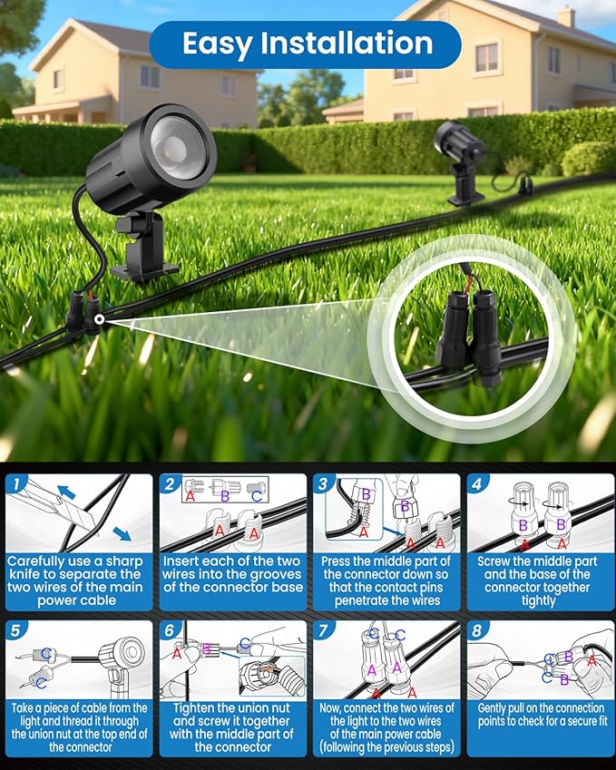 ZZXX 8 Pack Low Voltage Landscape Lights with Transformer and 65FT Wire 12-24V LED Landscape Lighting Kit 2700K Waterproof Landscape Spotlights with Connectors for House Yard Tree Garden