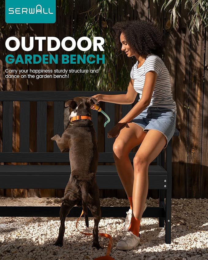 SERWALL Outdoor Bench, HDPE Outdoor Benches Weatherproof, 2-Person Garden Bench with 660 lbs Weight Capacity, Patio Benches for Outdoors, Garden, Porch, Backyard and Park, Black