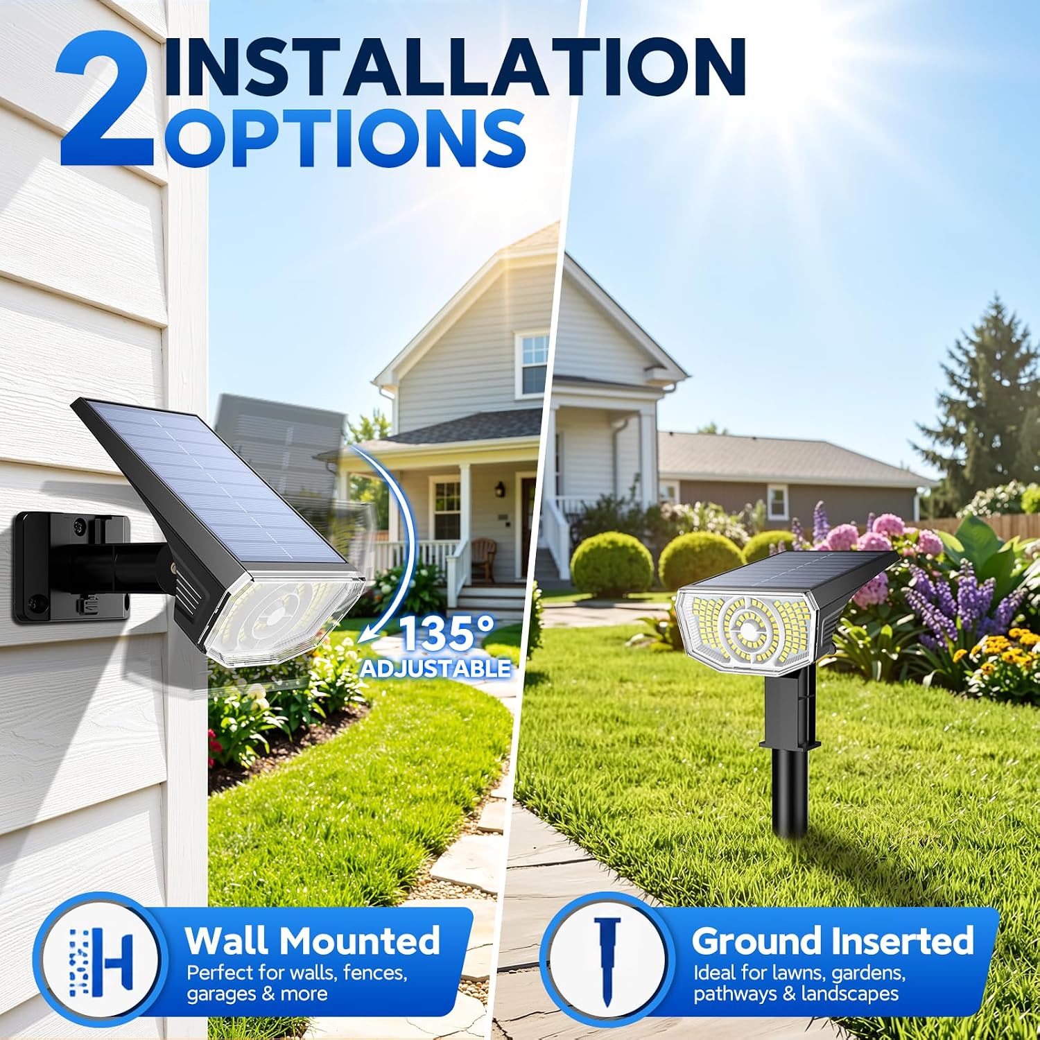 Solar Spot Lights Outdoor Waterproof IP65, 100 LED Solar Lights Outdoor | Super Bright Solar Spotlights 3000K&2 Lighting Modes , 2-in-1 Ground Spike & Wall Mount Solar Landscape Spotlights for Yard