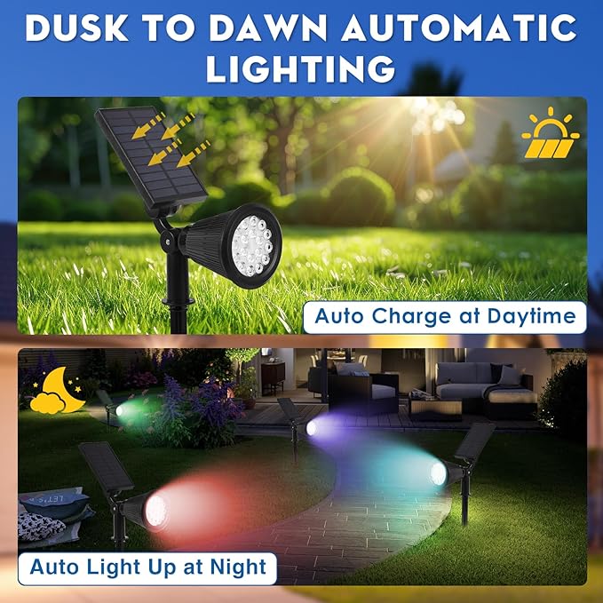 Solar Spot Lights Outdoor, 2-in-1 Wall Mount & Ground Stake 18 LEDs with 2 Lighting Modes, 7 Colors Changing, IP65 Waterproof Solar Landscape Lights for Garden, Pathway, Yard, Patio (1 Pack)