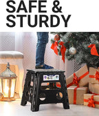 Delxo Folding Step Stool, 13 inch Non-Slip Foldable Stools Up to 300 LBS, Step Stool with Handle, Lightweight for Kitchen, Bathroom, Bedroom, Garden, Black, 1PC