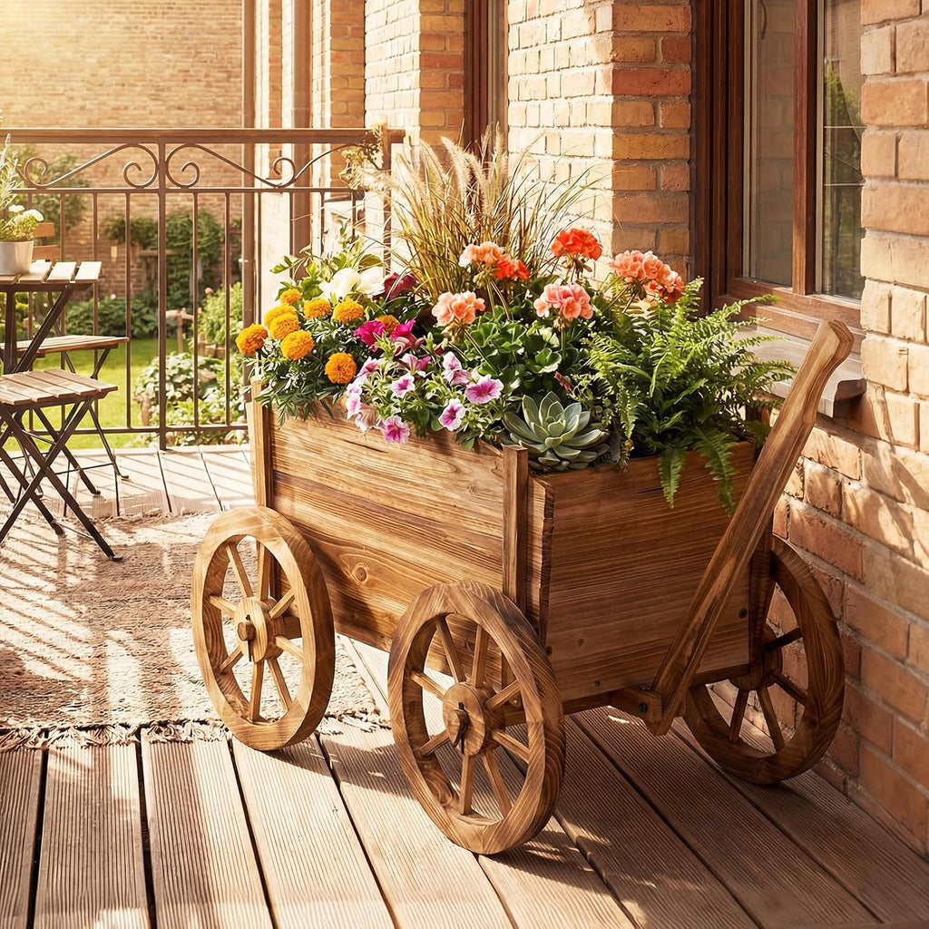 giantex wood wagon planter, rustic rolling flower pot on a desk or shelf