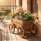 giantex wood wagon planter, rustic rolling flower pot on a desk or shelf
