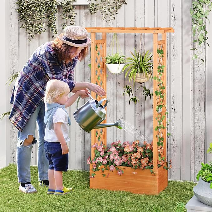 Giantex Set of 2 Raised Garden Bed with 2-Sided Trellis & Hanging Roof, Fir Wood Planter Box w/Drainage Holes, Bottom Gaps, Freestanding Garden Planter for Flowers Herbs Climbing Vines (31"x12.5"x60")
