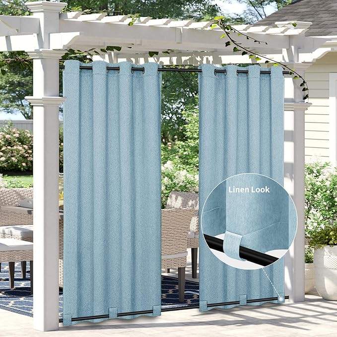 Easy-Going Linen Look Outdoor Curtains Waterproof Windproof Porch Curtains, Soft Thicken Outdoor Privacy Curtains for Patio, Gazebo, Grommet Top and Tab Bottom Drape, 1 Panel, 54x84 inch, Sky Blue