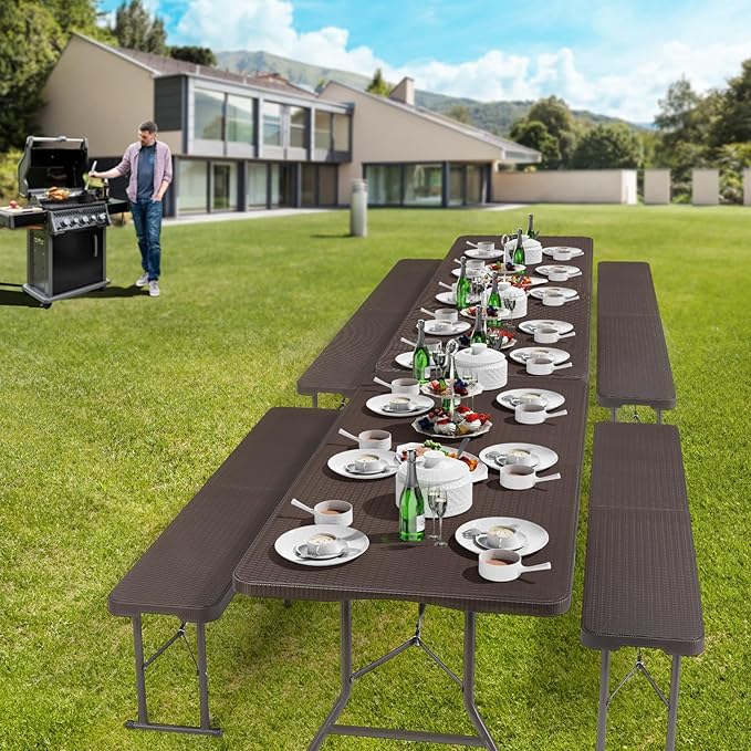 VINGLI 6 feet Plastic Folding Bench,Portable in/Outdoor Picnic Party Camping Dining Seat, Garden Soccer Multipurpose Entertaining Activities, Rattan Patterned HDPE Tabletop, 1 Pack, Brown