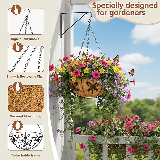 Metal 10 inch Round Planter, 4 Pack Hanging Wire Basket with Coco Fiber Liners for Outdoor Plants, Garden, Patio, Deck, Porch
