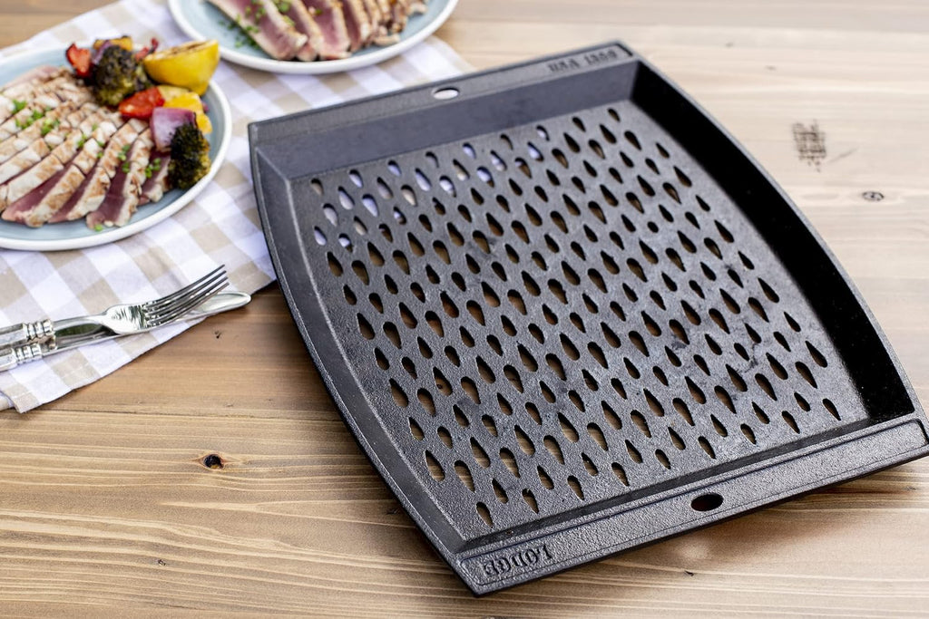 Lodge Pre-Seasoned Cast Iron Rectangle Grill Topper, 15 Inches | Protects Food from Falling Through the Grate, Cast Iron Grill Pan for Use Over Open Flame, Made in USA