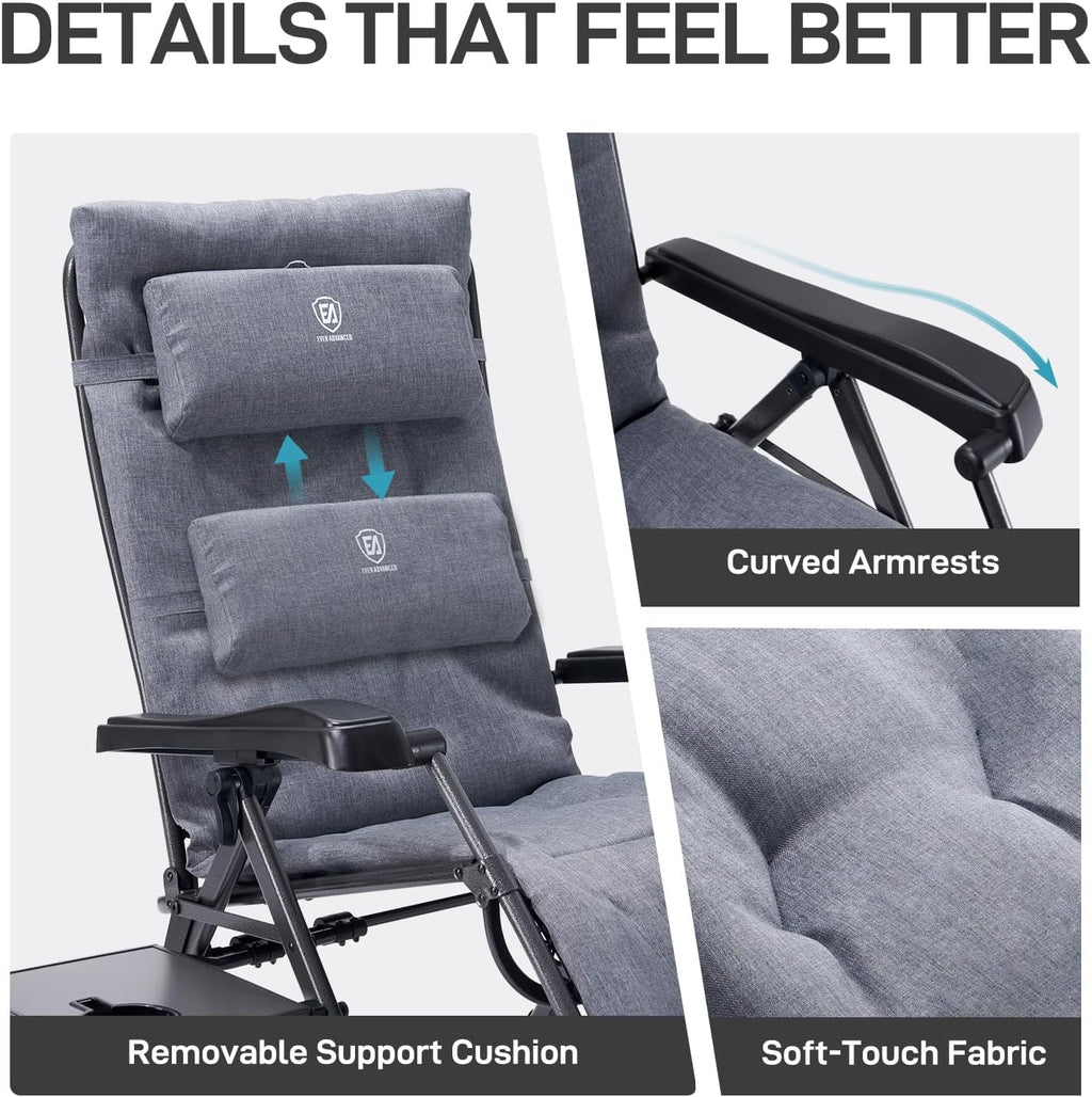 EVER ADVANCED Aluminum Zero Gravity Chair, 2.4" Padded, 350 lb Capacity | Oversized Reclining Lounge Chair with Adjustable Headrest and Side Table, Foldable for Camping, Patio, Lawn and Indoor Use