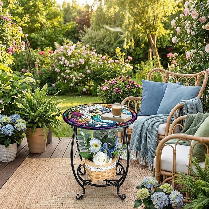Outdoor Side Table Round Small Mosaic Patio Accent Indoor End Plant Coffee Tea Table for Yard Patio Porch Garden Living Room, Bedroom(Mermaid Style,14 Inch)