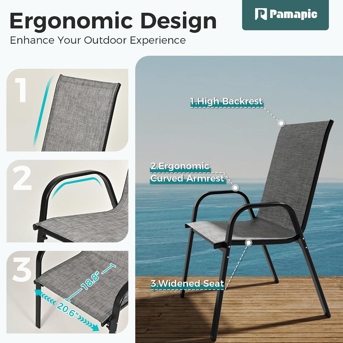 pamapic outdoor dining sets for 6, rectangular steel, front angle view
