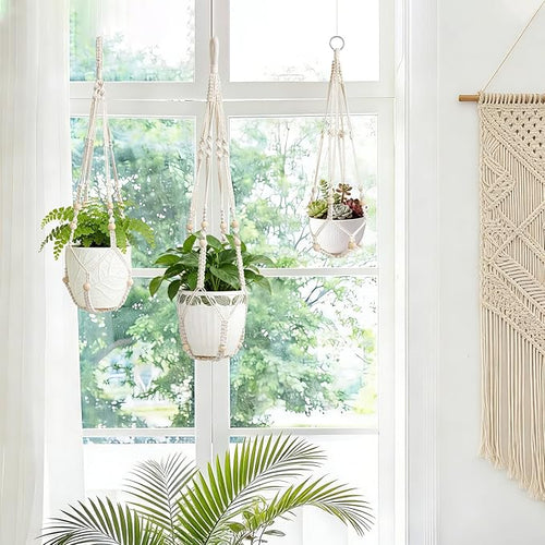 3 Pack Macrame Plant Hanger Indoor 3 Different Sizes Hanging Planter Basket Flower Pot Holder with Wood Beads & No Tassels for Boho Home Decor, 23, 30, 35 Inch, Ivory (Pot Not Included)